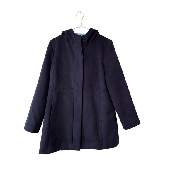 Chico's Hooded Faux Wool Coat Navy Blue With Teal Lining Mid Length Sz 1 (S) - Picture 1 of 16